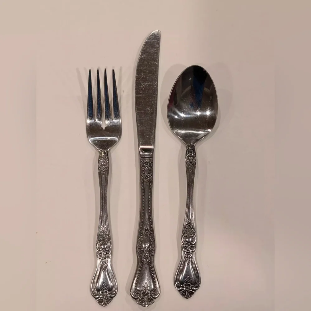 Vintage ROGERS Stainless Flatware Cutlery Set Precious Rose KOREA Table Setting